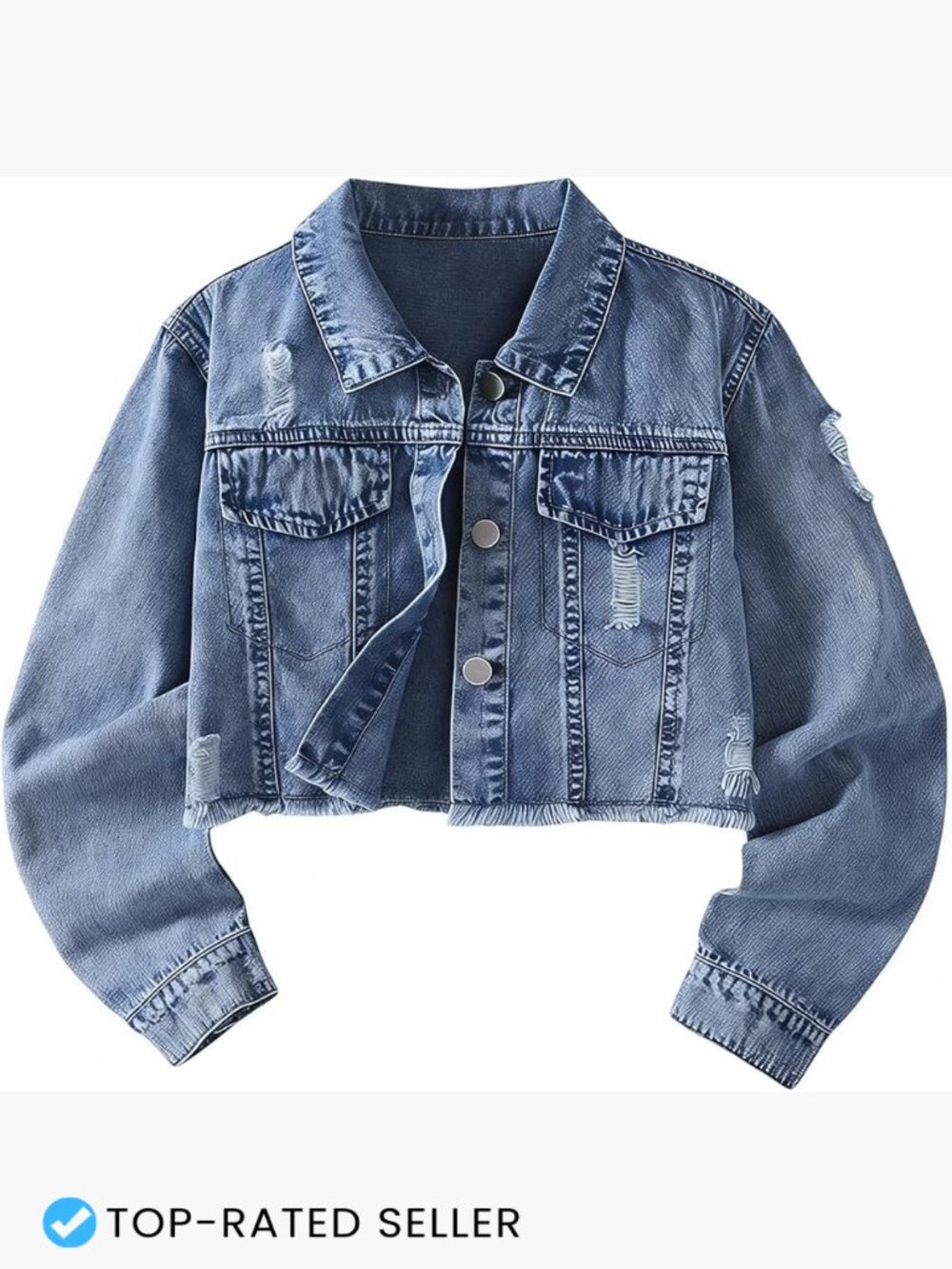 Girls Distressed Cropped Denim Jacket Y2K Vintage Wash Button Down Streetwear